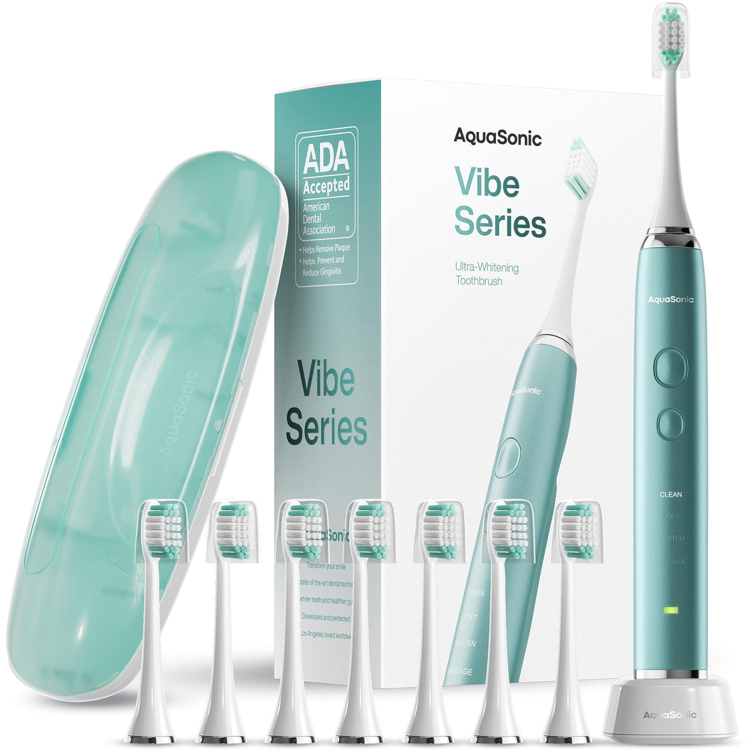 Aquasonic Vibe Series Ultra-Whitening Toothbrush – ADA Accepted Power Toothbrush - 8 Brush Heads & Travel Case – 40,000 VPM Motor & Wireless Charging - 4 Modes w Smart Timer – Mint Green Metallic