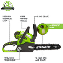Load image into Gallery viewer, Greenworks 40V 12&quot; Cordless Compact Chainsaw (Great For Storm Clean-Up, Pruning, and Camping), 2.0Ah Battery and Charger Included
