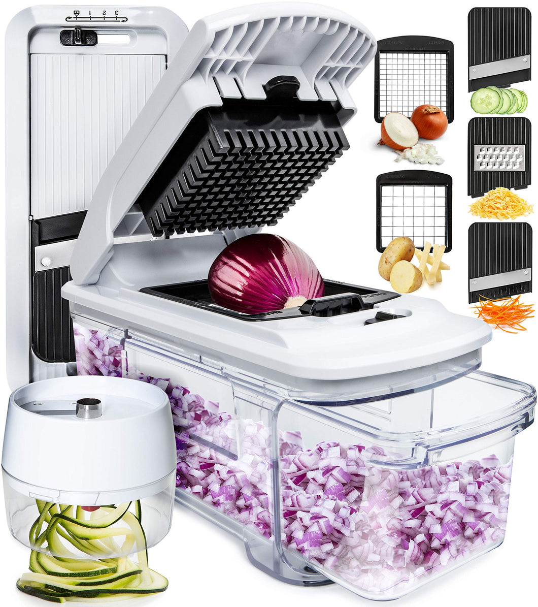Fullstar All-in-1 Vegetable Chopper, Mandoline Slicer & Cheese Grater - Multi Blade French Fry Cutter & Veggie Dicer - Includes Bonus Handheld Spiralizer & Kitchen Gadgets (5 in 1, Black/White)